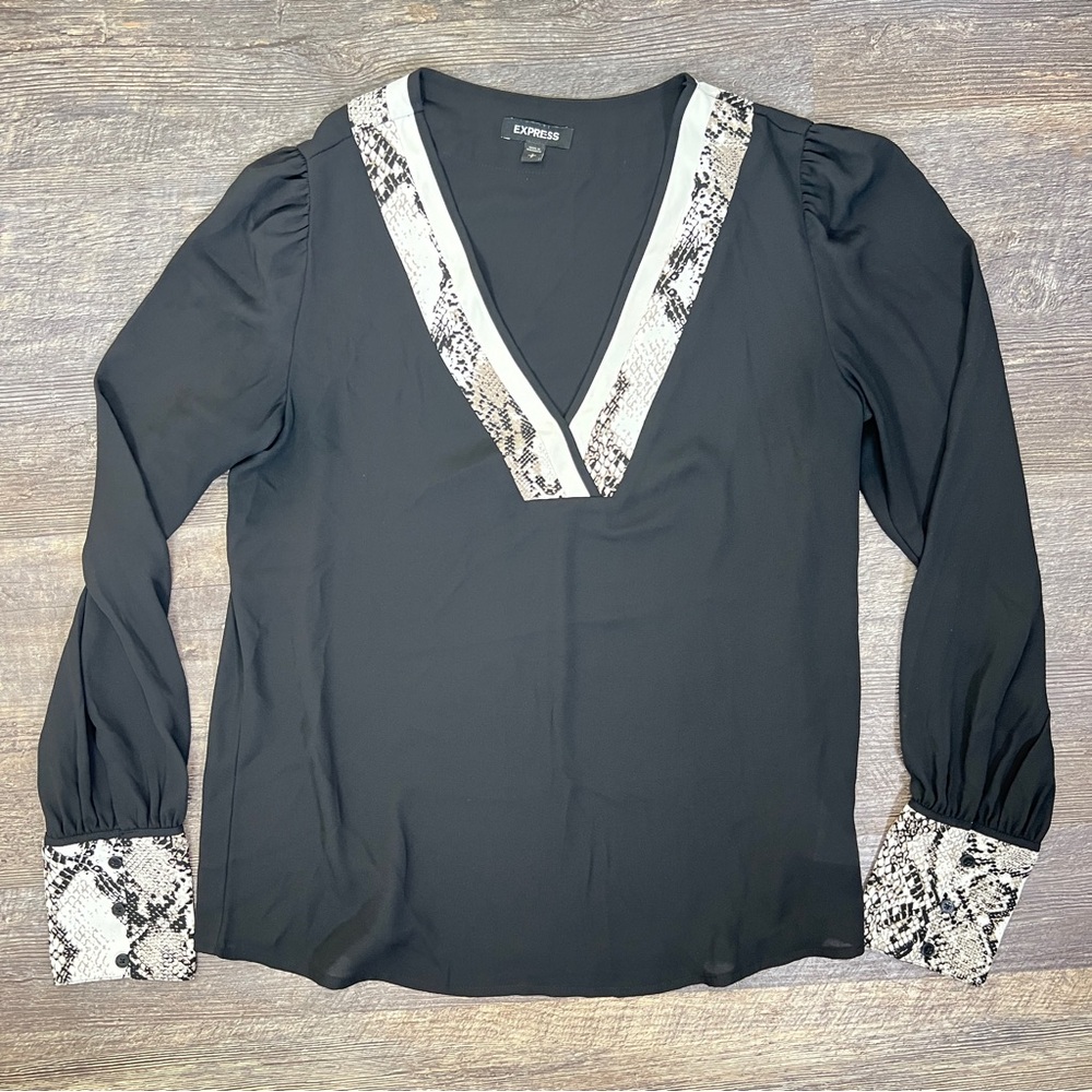 Express Black Blouse Top with Snake Print Accents size small S B167